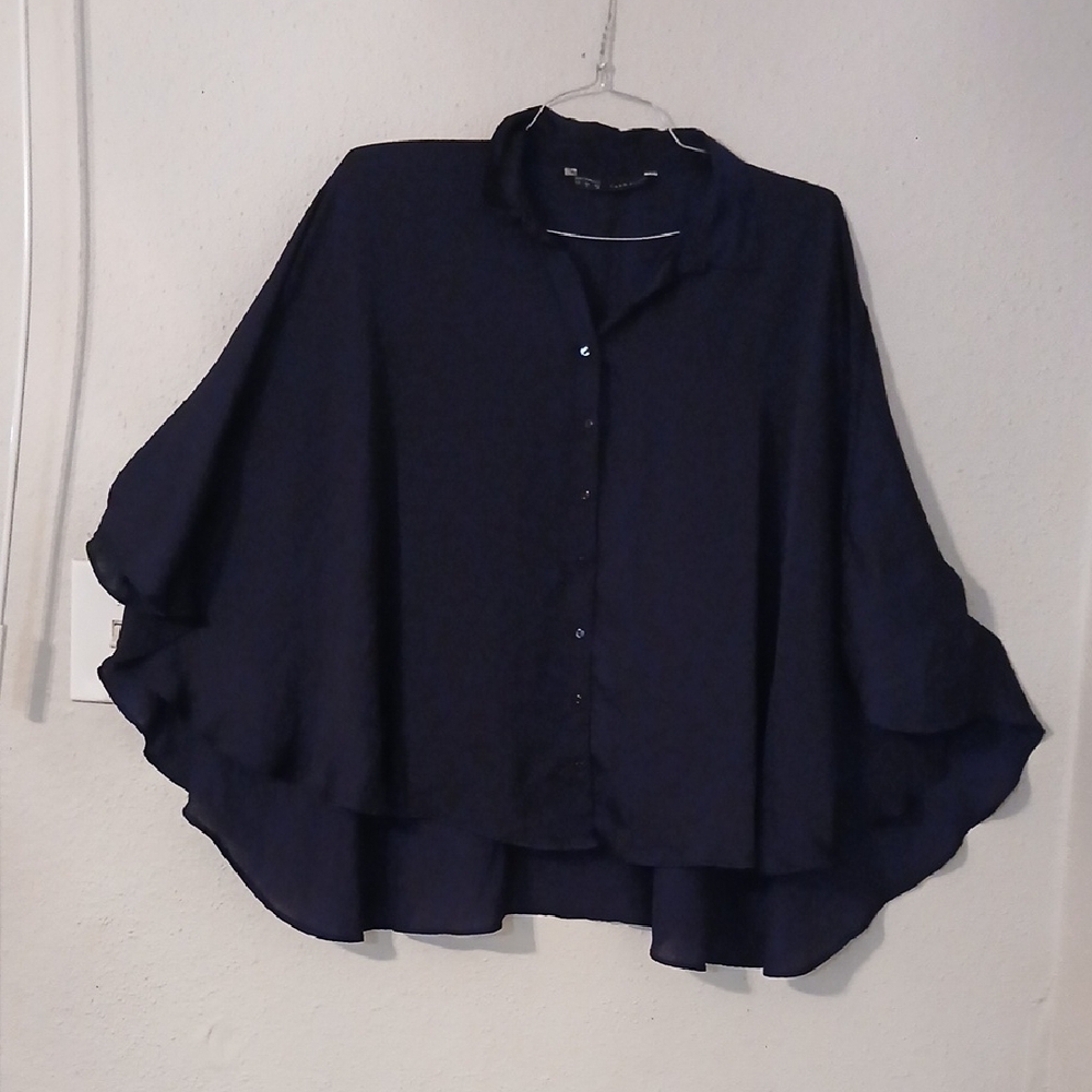 Zara Blue Boxy Tunic‎ with Flutter Sleeves and Mandarin Collar